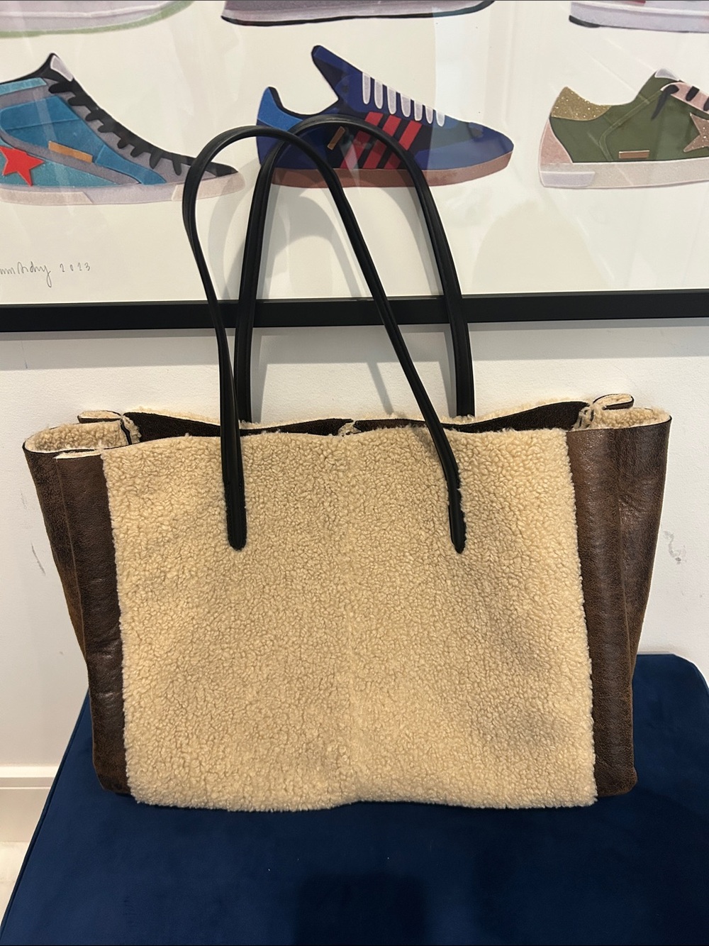 Zara Cream Shearling Tote with Brown Leather Trim and Black Handles